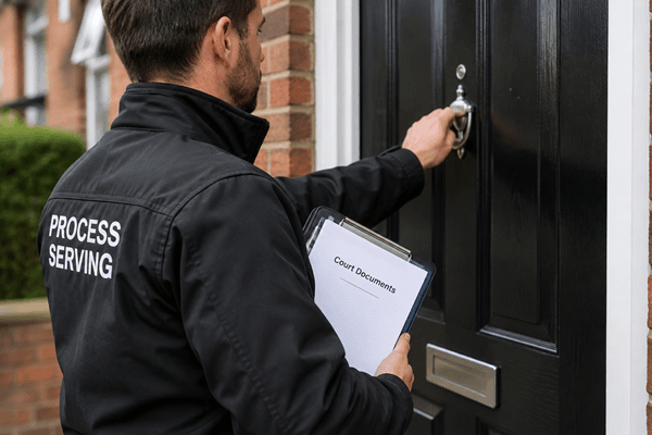 Process server delivering court documents at a front door.